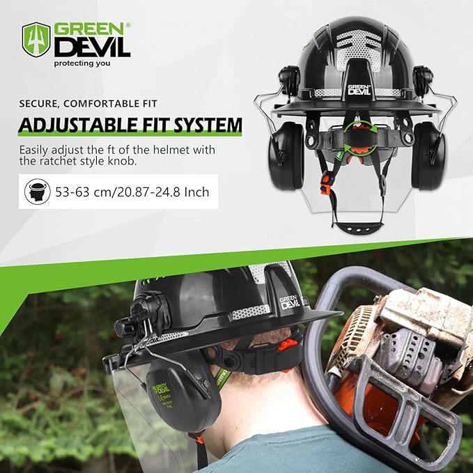GREEN DEVIL Industrial Chainsaw Helmet with Face Shield Built in Visor and Ear Muffs 4 in 1 System ANSI Z89.1 Safety Hard Hat Adjustable Headgear Ideal for Forestry and Arborist Work Full Brim Style