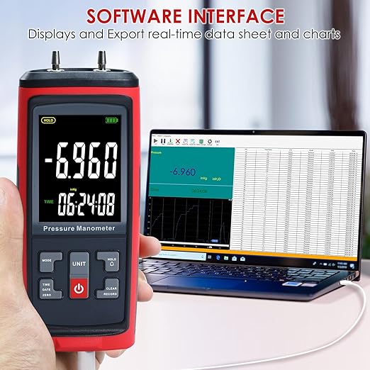 Manometer Data Logger Digital Manometer Gas Pressure Tester with ±200 inH2O Measuring Range, Differential Pressure Gauge 13 Selectable Units Manometer HVAC with Large LCD Screen