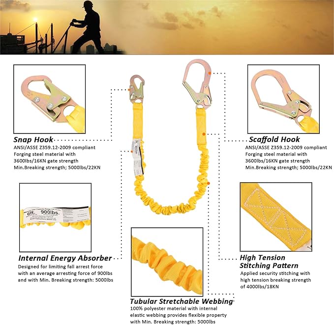 Single Leg 6-Foot Fall Protection Internal Shock Absorbing Stretchable Safety Lanyard with Snap & Rebar Hook Connectors CSA＆ANSI Compliant