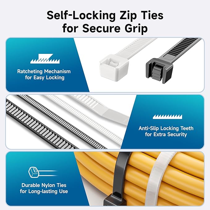Cable Matters 200-Pack Cable Ties for Indoor and Outdoor, 6, 8, 12-Inch Self-Locking Nylon Zip Ties Assorted Sizes, Tie Wraps for Multiple Use, Self Locking Zipties, in Black and White