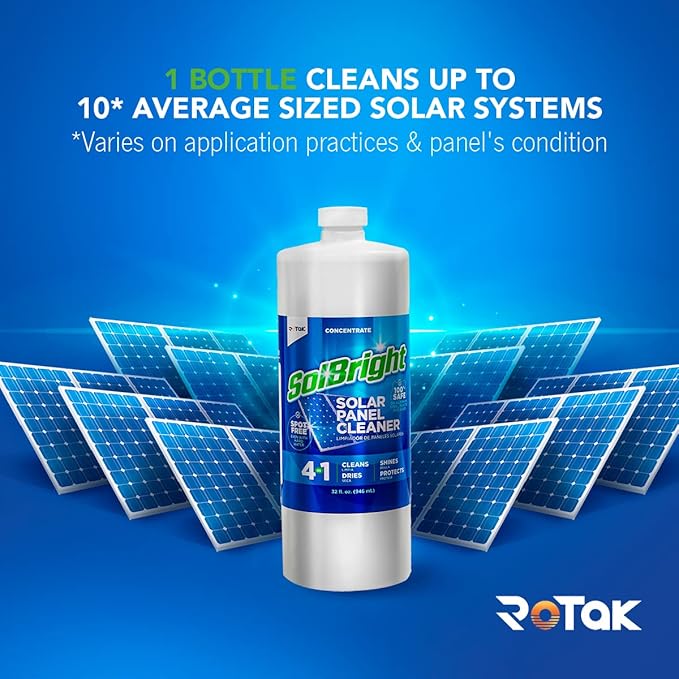 Rotak SolBright 4-in-1 Solar Panel and Window Cleaner Solution For PV Solar Panels and Glass Spot Free Quick Dry Non-toxic Cleans Up to 10 Solar Systems (32 oz)