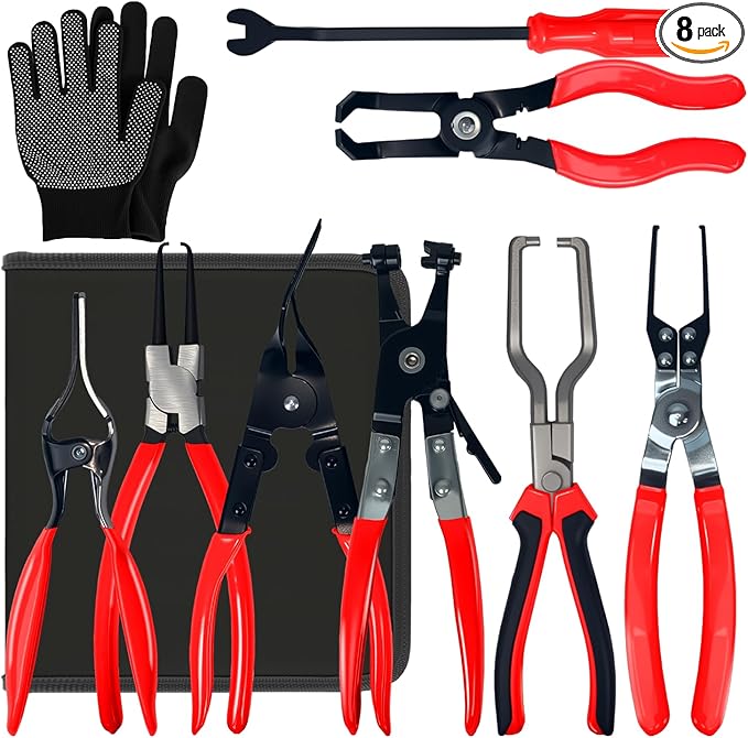 8-Piece Fuel Line Disconnect Tool Set, Fuel Line/Hose Clamp/Removal Pliers, Electrical Disconnect/Push Pin Tools, Relay Puller, Panel Clip Remover & Filter Caliper with Storage Case.