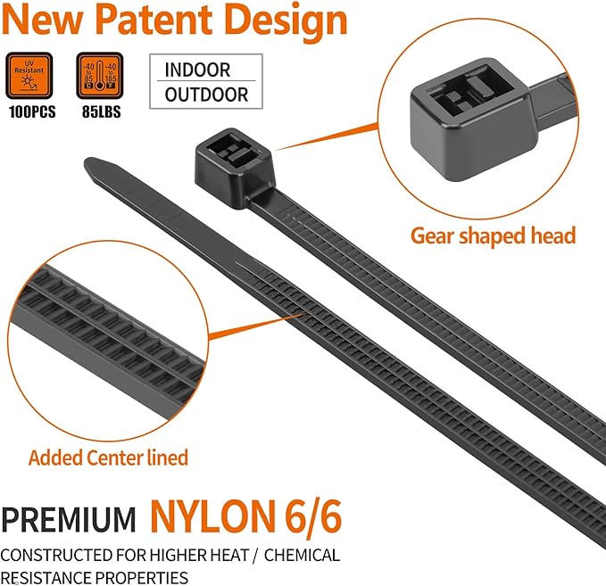 14 inch Black Zip Ties (100 Pack), 2025 New Patented Design, 85 LBS Tensile Strength, Self-Locking Nylon PA66 UV Resistant Cable Ties for Indoor and Outdoor Use