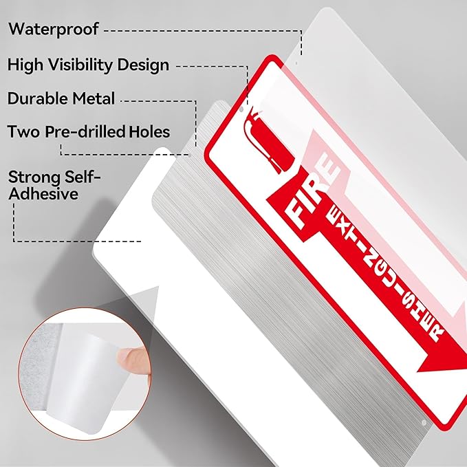 (4 Pack) Fire Extinguisher Signs – Strong Self Adhesive Fire Extinguisher Sign for Business, 12x4 Inch Aluminum Fire Extinguisher Signs Weather Resistant and Easy to Install (White)