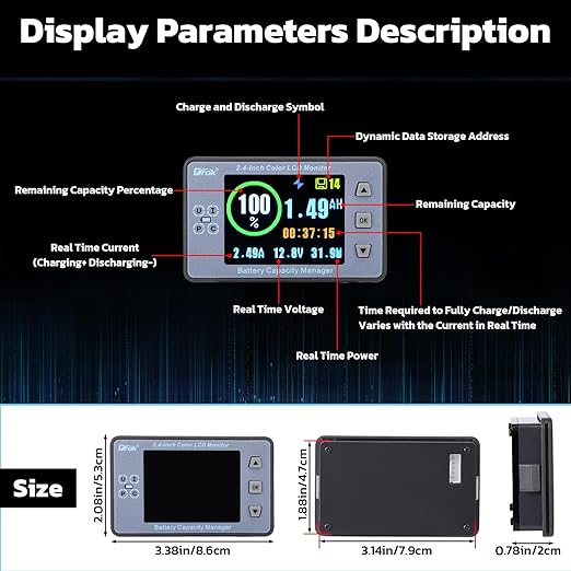 DROK Battery Monitor, DC 8-100V 300A Charge Discharge Split Type Coulometer 12V 24V 36V 48V 60V Coulometer Watt Meter, Capacity Percentage Time Power Voltmeter Ampmeter for RV Solar Panel Golf Cart