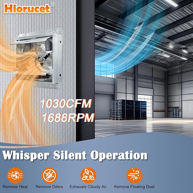 Hiorucet 12 Inch Wall Mounted Shutter Exhaust Fan for Garage, Greenhouse, Shop, Attics, Chicken Coop, Basement, High Performance Low Noise Louvered Exhaust Fan with Speed Controller and Power Cord Kit