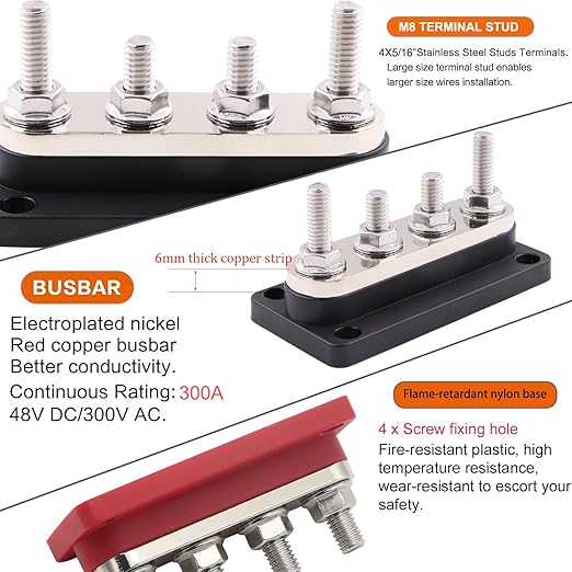 Bus Bar Copper 12V 300A with 4X 5/16" Studs Battery Terminal Power Distribution Blocks, Marine Busbar, 12 Volt-48V DC High Current Buss Bar for Automotive, Car, Boat, RV, Solar, Yacht, Black