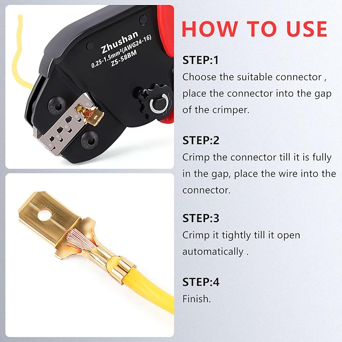 Zhushan ZS-58BM JST Crimper for Open Barrel Terminals - Labor-Saving Tool AWG24-16 (0.25-1.5mm²) - Compatible with Dupont SATA Pins, Molex, JST Terminals