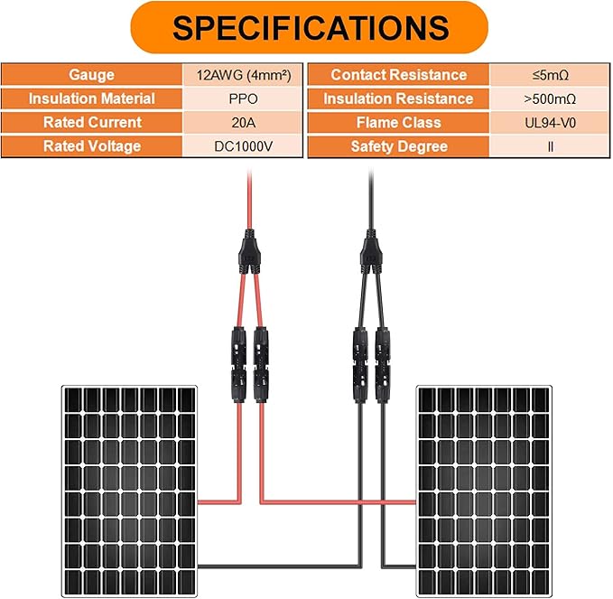 4 Pairs Solar for Connector Y Branch Parallel Adapter Cable Wire Plug 2 to 1 Male Female Connectors (M/FF, F/MM) for Solar Panel with PV Cable Clips