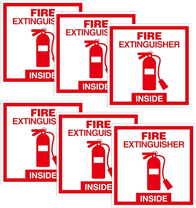 6 PCS Fire Extinguisher Sign Stickers,Self Adhesive Waterproof Vinyl Fire Extinguisher Inside Sticker for Box, Suitable for Cars,Trucks,Vehicles,Red on White