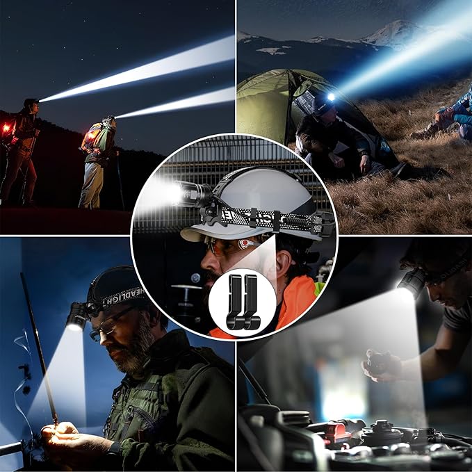 Super Bright LED Headlamp 4 Pack, High Lumen Rechargeable Head Lamp with Motion Sensor, 5 Modes, IPX5 Waterproof, 90° Adjustable, Zoomable Head Lights for Adults, Hard Hat, Outdoor, Camping