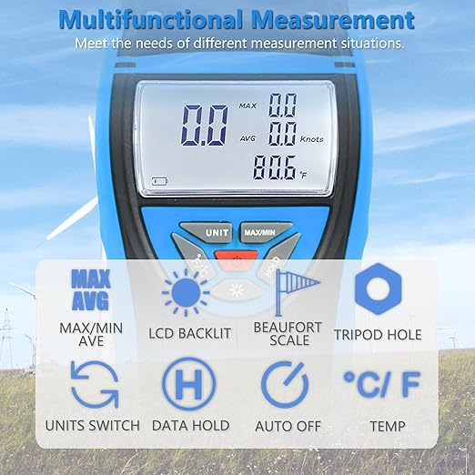 Handheld Cup Anemometer with Compass, 93MPH Digital Wind Speed Meter, CFM Air Flow Wind Velocity Measuring Device Gauges for Outdoor Sailing Surfing Drone Flying HVAC