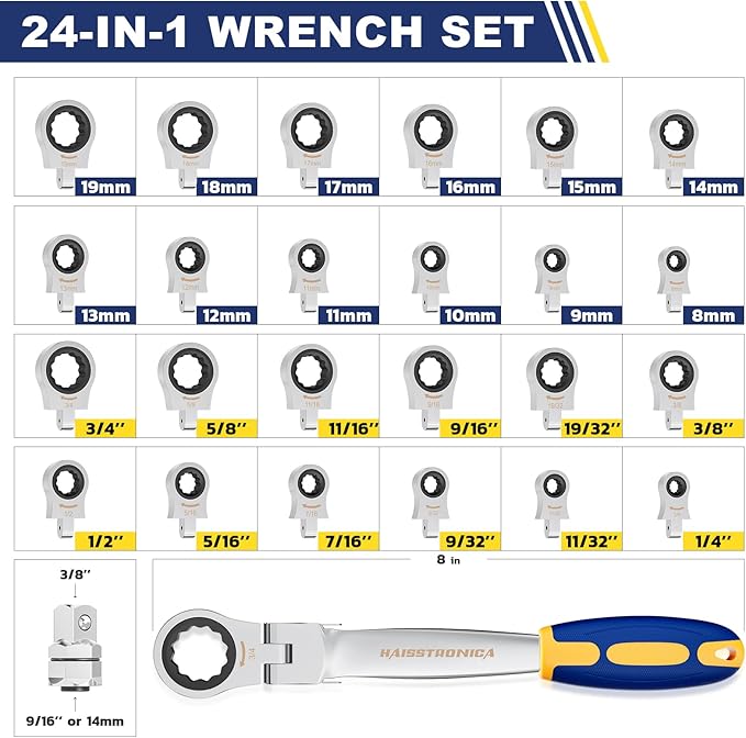 haisstronica 24 in 1 Interchangeable Heads Ratchet Wrench Set with 3/8 in Adapter, Metric & SAE 8-19mm and 1/4-3/4 inch Flex Head Combination Wrench Sets for Auto, Mechanic Tools for Men Gifts
