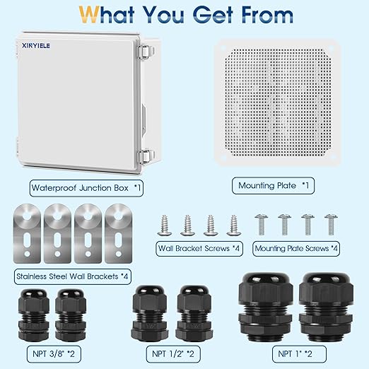 Waterproof Outdoor Project ABS Plastic Junction Box IP67 Weatherproof Dustproof Enclosure with Hinged Cover, Mounting Plate,Wall Brackets for Power Project (11.8"x11.8"x7.1")