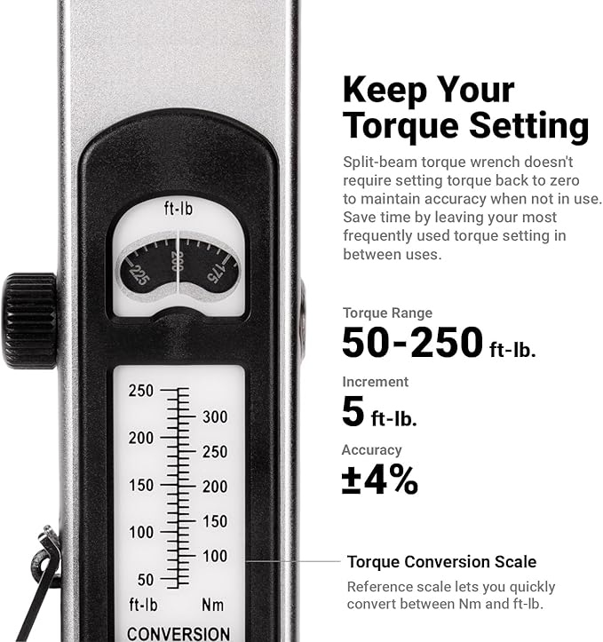 Capri Tools 1/2 in. Drive Flex-Head Split Beam Torque Wrench, 50-250 ft. lbs.