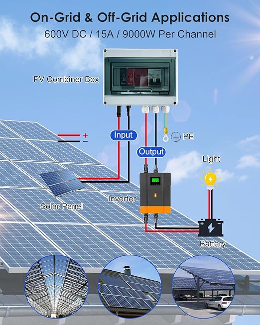 600V Solar DC PV Combiner Box, 1 String IP65 Waterproof 63A Circuit Breaker Box, 2Pcs 32A Fuse & Lightning Arrester Connector for On/Off Grid Solar Panel System, 1 Input 1 Out