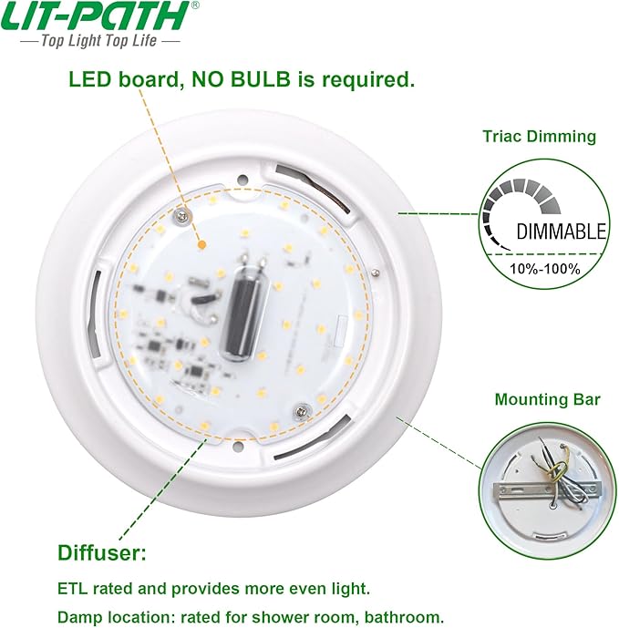 LIT-PaTH LED Flush Mount Ceiling Lighting Fixture, Dimmable 7 Inch 11.5W 900 Lumen, Aluminum Housing Plus PC Cover, Damp Location Rated for Bathroom, 5000K, 2-Pack