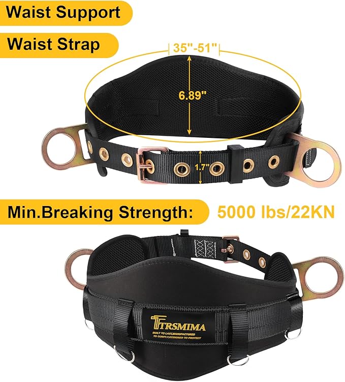 TRSMIMA Safety Harness Climbing Belt - Black Body Fall Protection Men Roof Tree Work Waist-Tongue Buckle Pad D-Ring