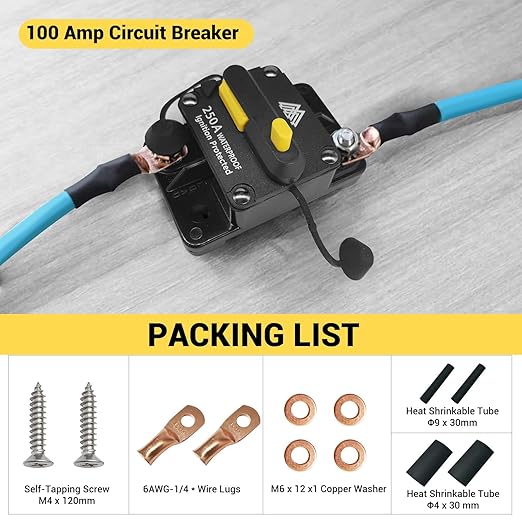 Waterproof 250A Circuit Breaker Fuse Holder 12V- 48V DC Manual Reset Switch for Boat Trolling Motor Marine ATV Trailer Vehicles Stereo Audio Electronic Battery Solar System w/2 Screws