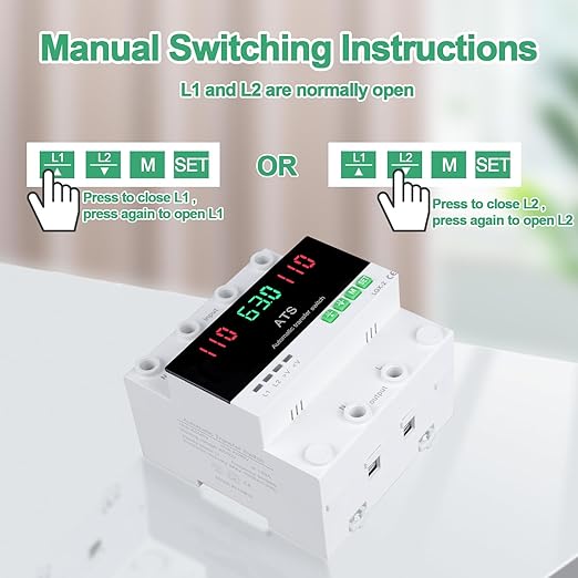 63A 110V Automatic/Manual Transfer Switch, L1 Priority Phase Selector, LED Display, Din Rail Mount, 50/60Hz, CE Certified ATS for Generator, Inverter, Public Power