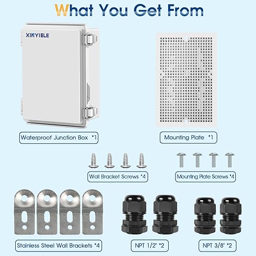 Waterproof Outdoor Project ABS Plastic Junction Box IP67 Weatherproof Dustproof Enclosure with Hinged Cover, Mounting Plate,Wall Brackets for Power Project (10.2"X6.3"X3.9")