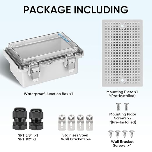 TICONN Outdoor Electrical Box Waterproof, Junction Box IP67 ABS Plastic Enclosure with Hinged Cover with Mounting Plate, Wall Brackets, Cable Glands (Clear, 5.9"x3.9"x2.8")