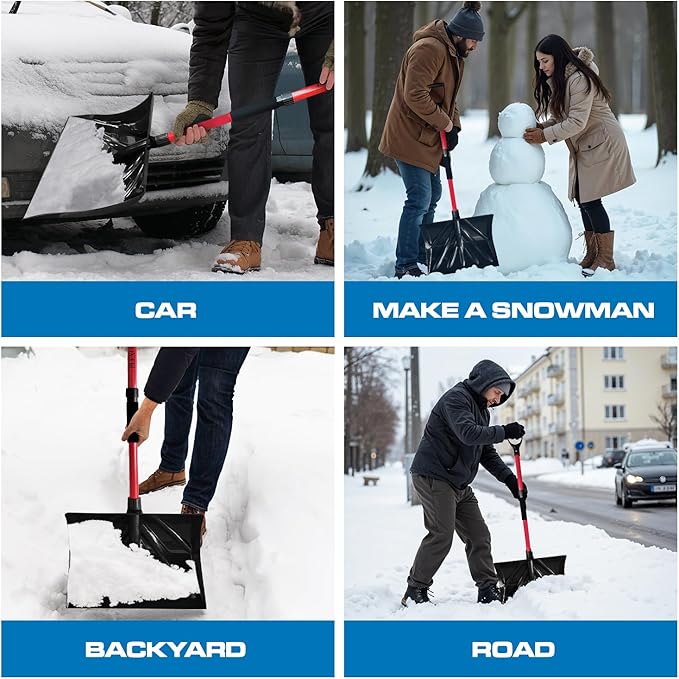 PLEXON Snow Shovel for Driveway Car with Ice Chopper - Ergonomic Collapsible Lightweight Folding Fiberglass Snow Pusher for Snow Removal and Breaking Ice - 18" Width 47", Black, Red