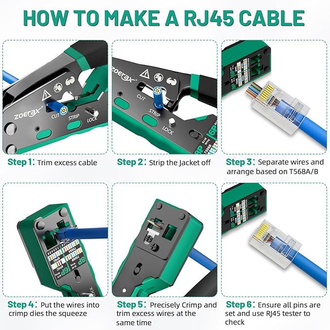 RJ45 Crimping Tool Ethernet Crimp Tool Crimper for RJ11/RJ12 Standard, RJ45 Pass Through Connectors, Green