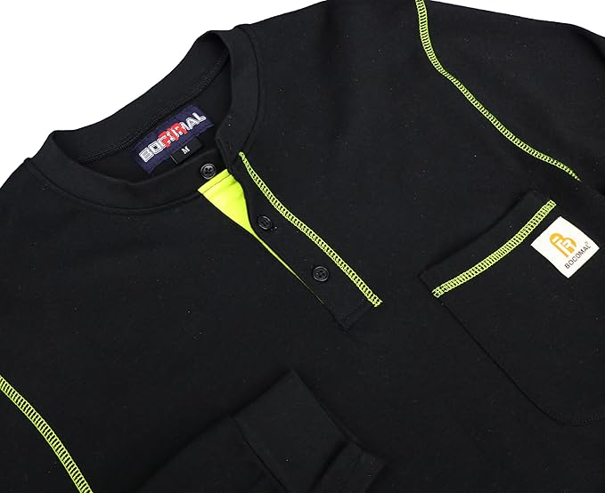 BOCOMAL FR Shirts Flame Resistant Henley Shirt NFPA2112/CAT2 7oz Men's Long Sleeve Fire Retardant Clothing
