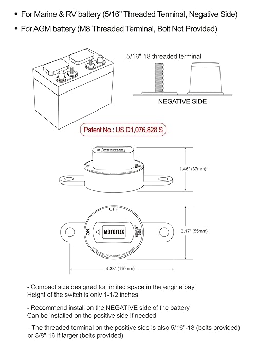 ON/Off Battery Disconnect Switch 12V-48V 300A Side Post Battery Disconnect GM Car Truck, Marine Boat RV Trailer Golf Cart Heavy Duty Battery Kill Switch (Corrosion-Resistance, Removable Knob)