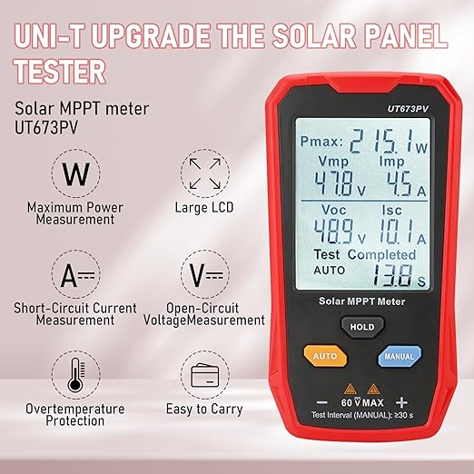 UT673PV Solar Panel Tester, Photovoltaic Multimeter 800W, Solar MPPT Meter with Large Ultra Clear LCD, Smart MPPT Open Circuit Voltage Troubleshooting, Data Test for Photovoltaic Modules