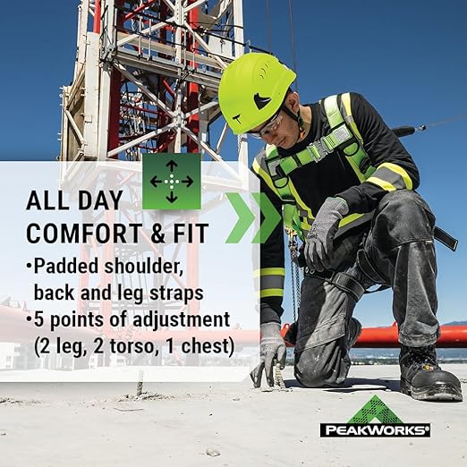 PeakWorks PeakPro Series Safety Harness - Full Body Safety Harness - CSA & ANSI Compliant Fall Protection - 310 lbs Capacity - Universal Size (Multiple Classes & Leg Buckle Types)