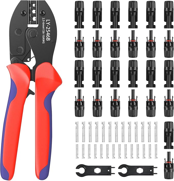 Solar Crimper Tool Kit with Crimper Stripper and 13 Pairs Solar Connectors and 2PCS Spanner Wrench, Crimper Tool for AWG14-10 Solar Panel Cable Wire Assembly and Installation