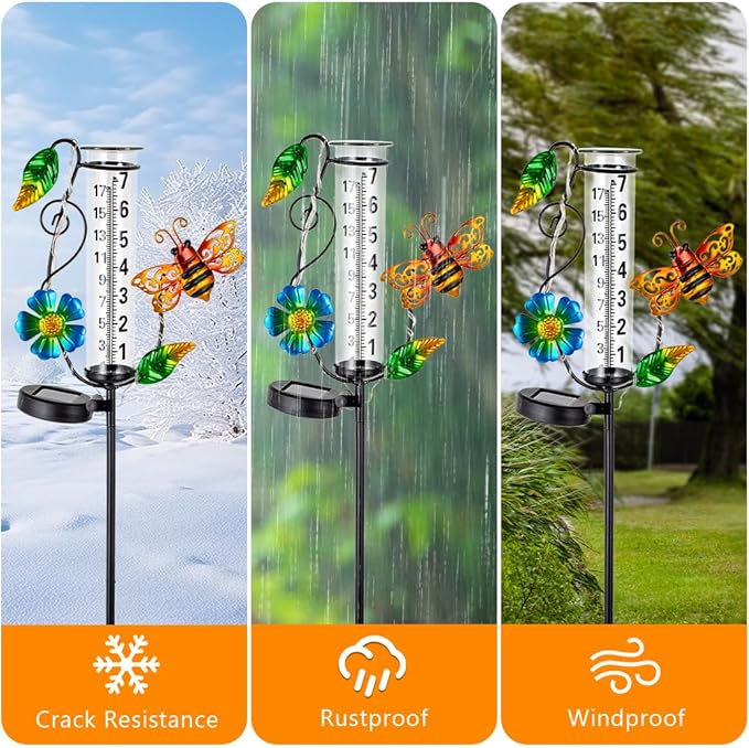 Rain Gauge Outdoor,Decorative Bee Rain Solar Powered Rain Gauges with 7” Glass Tube Water Rain Measure Gauge for Yard Patio Lawn Decor