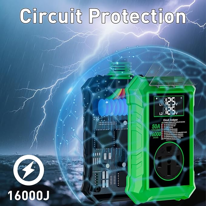 Rv Surge Protectors 50 Amp,16000 Joules Rv Circuit Analyzer with Waterproof Cover Safety Certification Led Display,Rv Voltage Protector for Camper, Travel Trailers (Green, 50A)