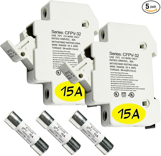HQRP Combo: 2-Pack Solar PV CFPV-32 DIN Rail Fuse Holder, 1-32Amp, 1000VDC and 3-Pack Photovoltaic Fast Acting Fuse Links CFPV-1038, gPV Type, 15 Amp 1000V DC, 10x38mm, 20kA IR, Solar PV Ceramic Fuses