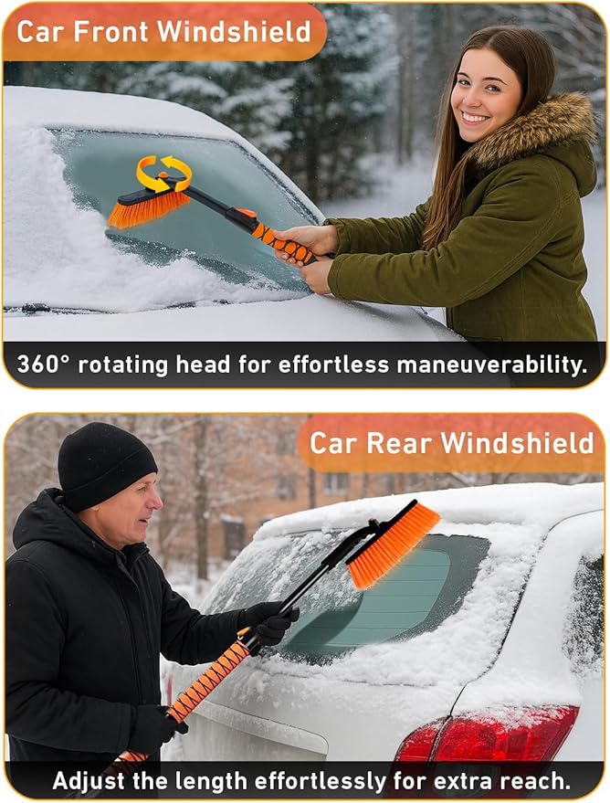 EcoNour 44.7" 3 in 1 Snow Brush for SUV, 360° Pivoting Extendable Long Snow Brush for Car, Snow and Ice Scrapers for Windshield with Ergonomic Foam Grip for Car Truck SUV, Winter Car Accessories