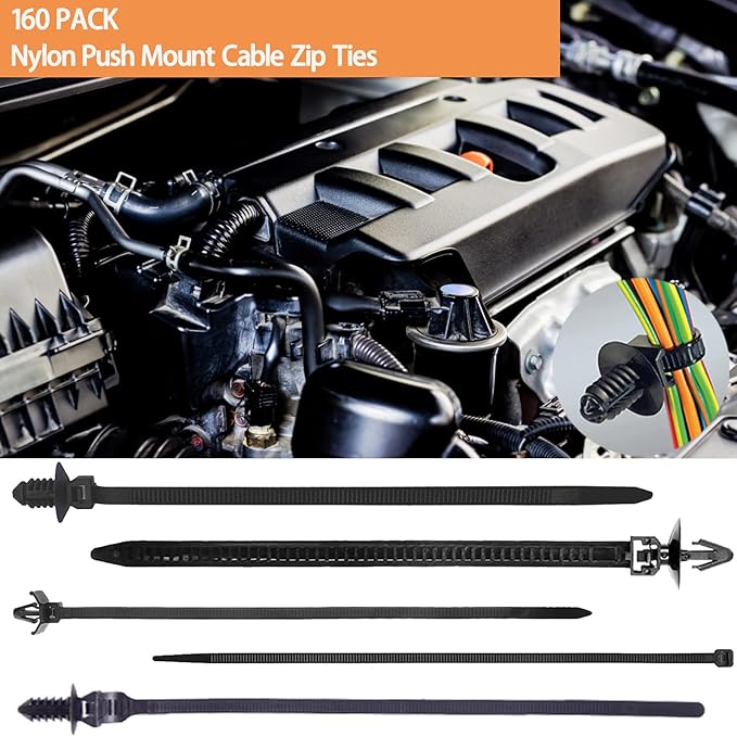 160Pcs Universal Nylon Push Mount Cable Zip Tie, Self Locking Cable Strap,Heavy Duty Nylon Push Mount Self Locking UV Resistant,5 Most Popular Sizes,for Indoor Wire Tying Construction Auto ect