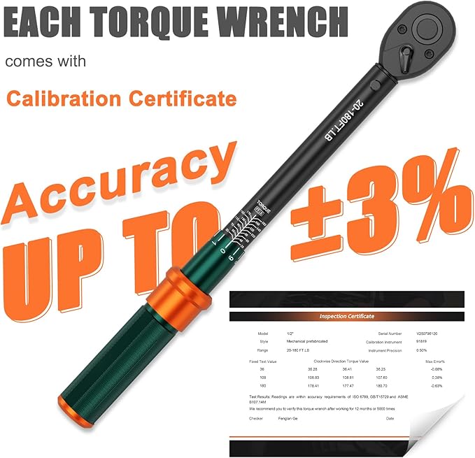 1/2 Click Torque Wrench, 20-180 Ft-lb, 72-Tooth Dual Direction Torque Wrench, ±3% Precision for Car, Truck, SUV, and Wheel Lug Nuts Maintenance