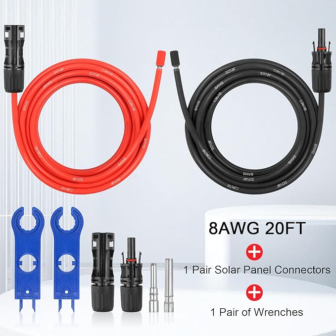 8AWG Solar Extension Panel Cable - 20FT Solar Wire with Waterproof Female and Male Connector and Solar Panel Adaptor Kit Tool PV Wire for RV, Home, Boat, Solar Panels(20feet Red + 20feet Black)