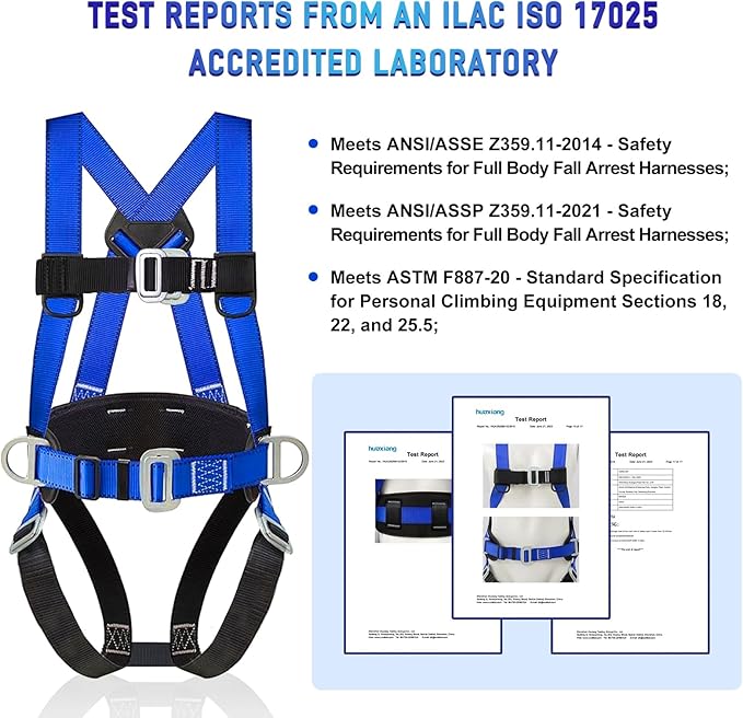 Safety Harness Fall Protection Kit with Shock Absorbing Lanyard, Roofing Work Harnesses Full Body Safety Harness for Construction (Blue)