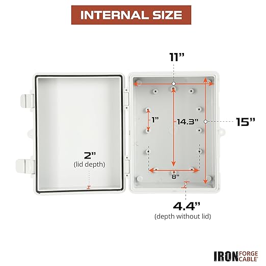 Iron Forge Cable Waterproof Junction Box Extra Large - Outdoor Enclosure with Accessories - Hinged Light Gray Panel Cover - IP65 16"x 12"x 7.2"Inch