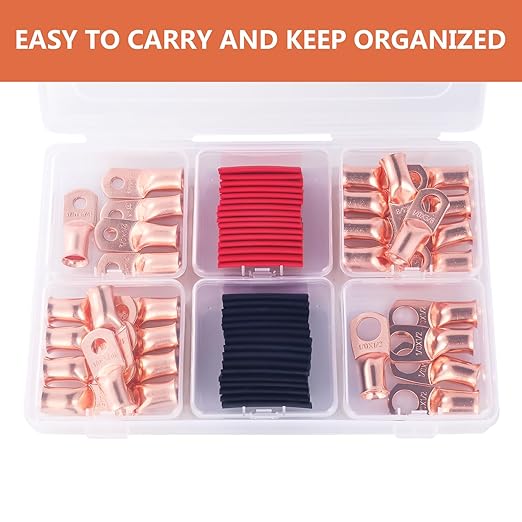 1/0 AWG Pure Copper Ring Terminal Kit (62 Pcs) - 30 Battery Lugs (1/4", 5/16", 3/8", 1/2") with 32 Heat Shrink Tubes for 0 Gauge Wire in Automotive, Solar, Inverter, Marine, RV Applications