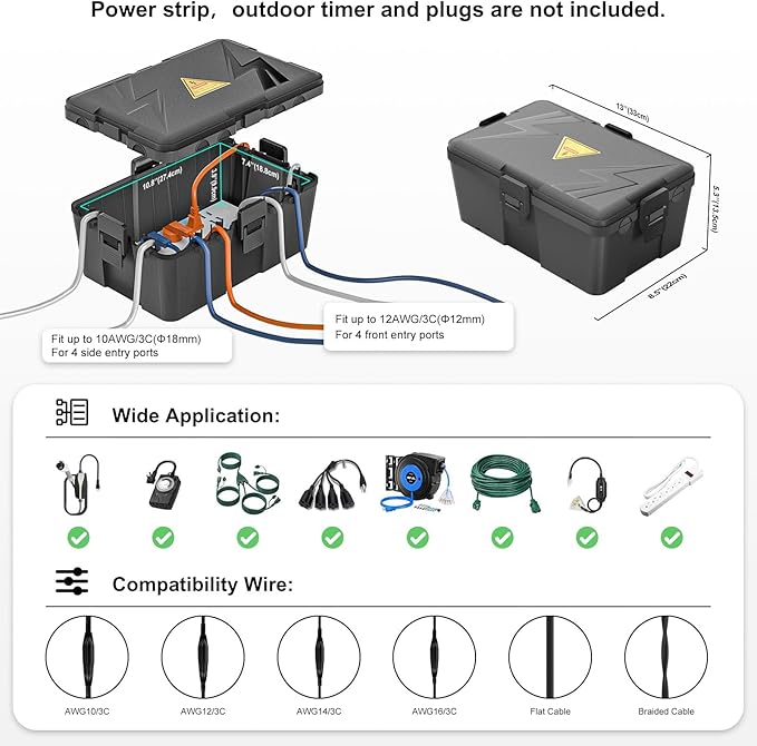 iwillink Large Outdoor Electrical Box (12.6 x 8.6 x 5.1 inch), IP54 Waterproof Extension Cord Cover, Weatherproof with 8 Cable Seal Entry, Power Strip, Timer Outlet Plug, Holiday Light, Black
