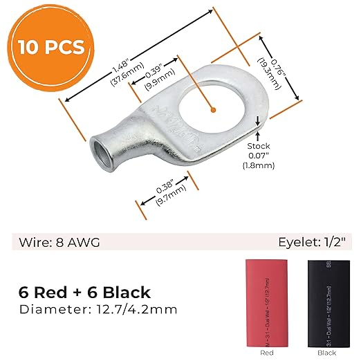 SELTERM 10pcs - 8 Awg - 1/2" Stud - Battery Lugs - Ring Terminal Connectors | with 12pcs 3:1 Black & Red Heat Shrink Tubing with Adhesive | Heavy Duty Battery Cable Ends - Tinned Copper Wire Lugs Kit