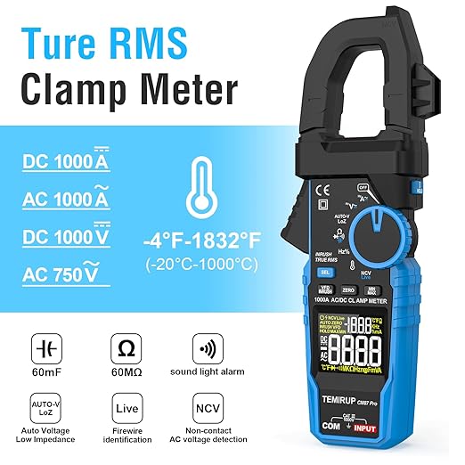 Inrush Digital Clamp Meter Multimeter - TEMIRUP T-RMS 6000 Counts 1000A Amp Voltage Tester with VFD, LOZ, Measures NCV, AC/DC Voltage Current, Continuity Capacitance Frequency Resistance, Temperature