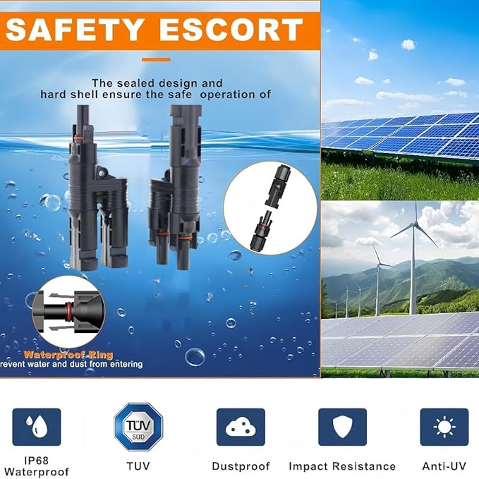 Solar Branch Connector Y-Connector, for Parallel Connection Between Solar Panels 1000V/1500V 50A Complimentary MC-4 Wrench Assembly and Disassembly Crimping Tool (MFF/FMM) 1Pack