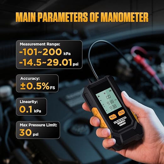 PT503 Manometer Gas Pressure Tester,Dual-Port HVAC Digital Manometer with Range of -100 to 200 KPa, 6 Units, Data Retention, 7Adapters,