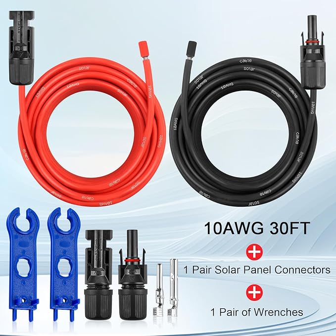 10AWG Solar Extension Panel Cable - 30FT Solar Wire with Waterproof Female and Male Connector and Solar Panel Adaptor Kit Tool PV Wire for RV, Home, Boat, Solar Panels(30feet Red + 30feet Black)