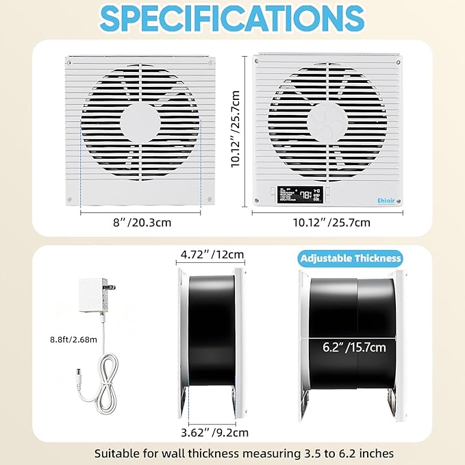 8" Room to Room Fan with Remote, 320 CFM Room to Room Air Transfer Fan, 10 Speeds Quiet DC Motor Through Wall Fan & Exhaust Fan for Bedroom, Laundry, Kitchen, Garage, ETL Certified